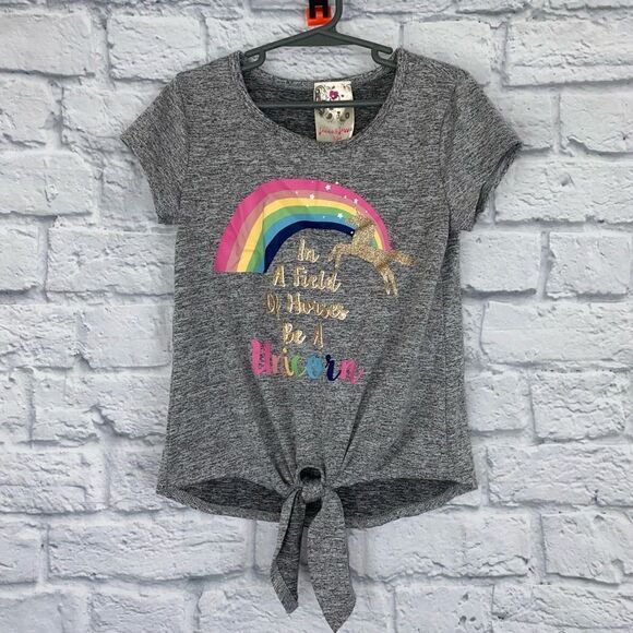 Jenna & Jessie short sleeve Crewneck tie front unicorn top grey sz 8 - Picture 1 of 8